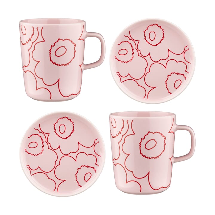 Piirto Unikko Oiva kop 25 cl og fad Ø13,5 cm 4 dele - Pink - Marimekko