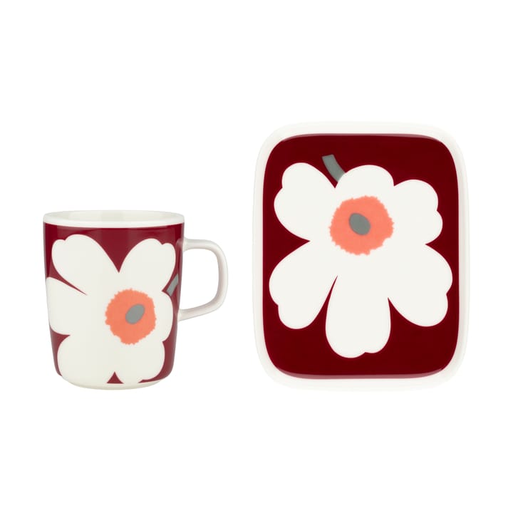 Unikko 60-års jubilæumskrus 25 cl+tallerken 12x15 cm - White-dark cherry-ash grey - Marimekko