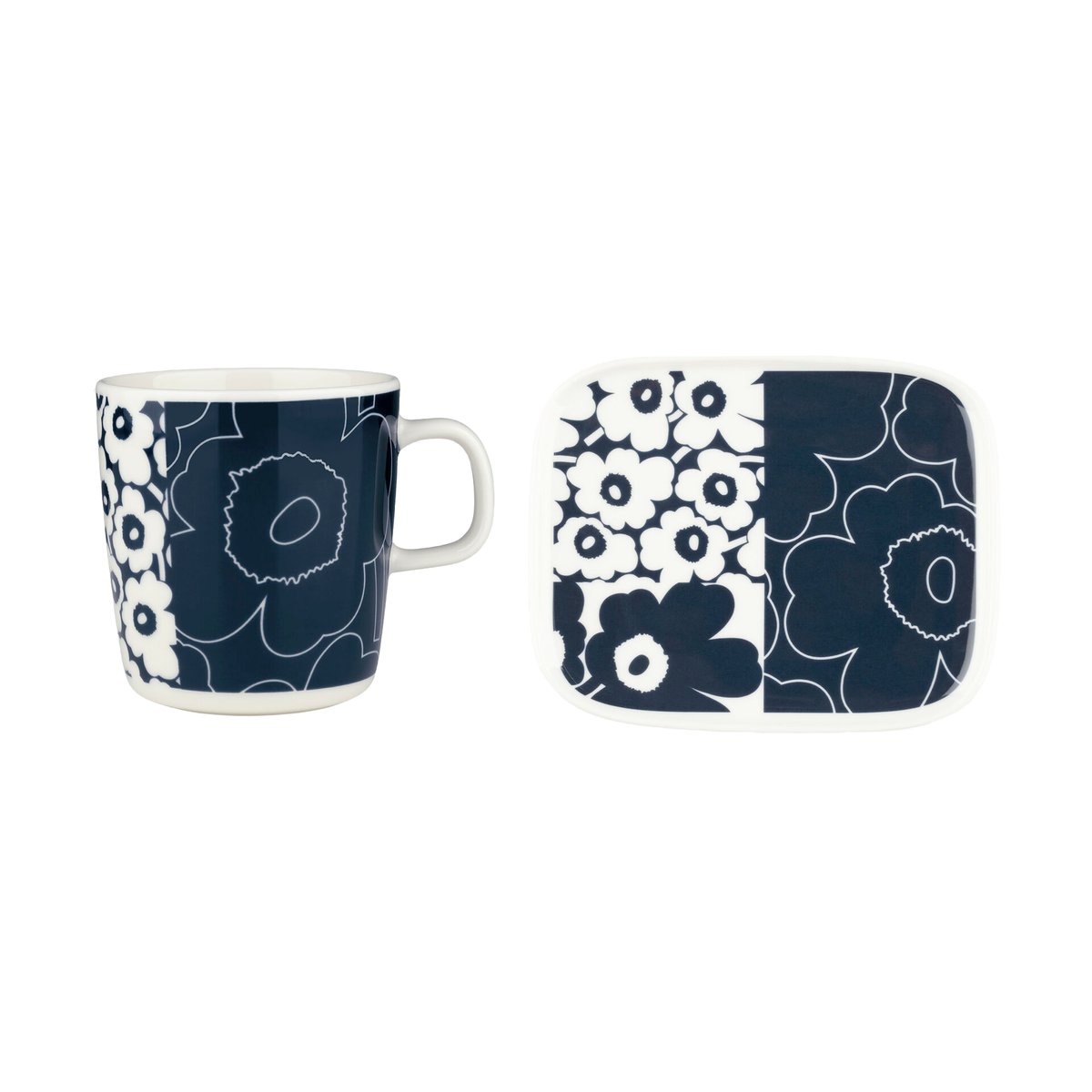 Marimekko Unikko kollaasi bakke + kop 2 dele White-dark blue