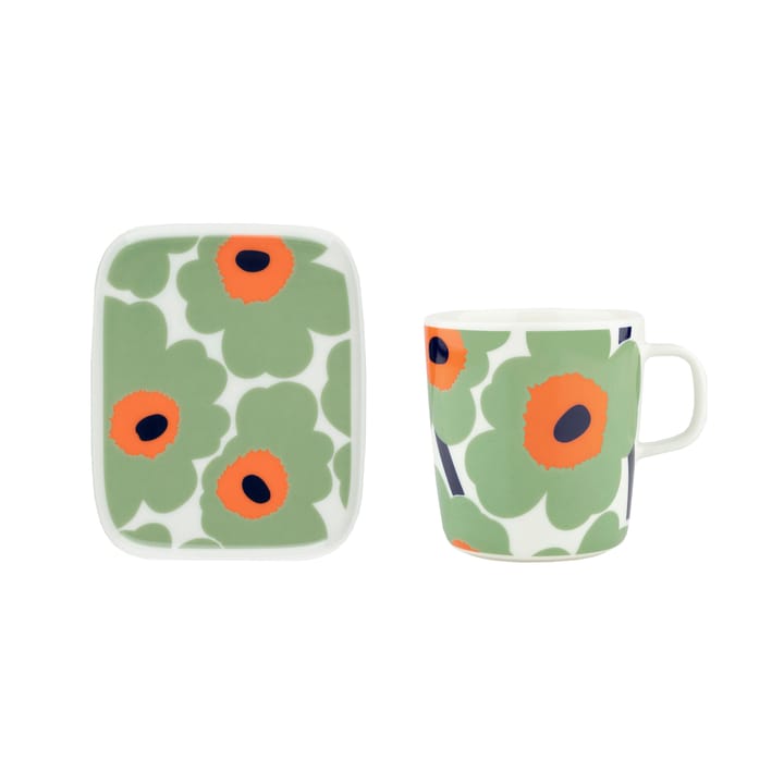 Unikko kop 40 cl + tallerken 12x15 cm, White-sage-orange-dark blue Marimekko