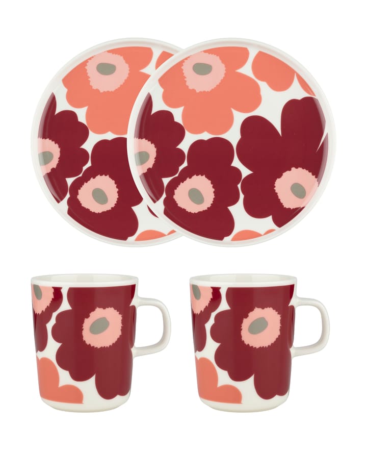 Unikko morgenmadssæt, White-dark cherry-salmon red Marimekko