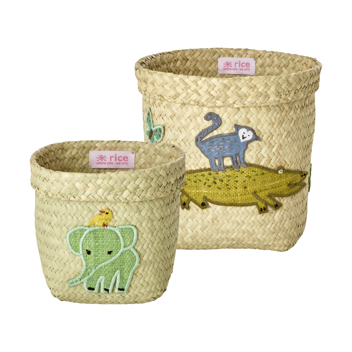 RICE Rice raffia opbevaringskurv rund 2 dele Animal Embroidery-Green-Blue