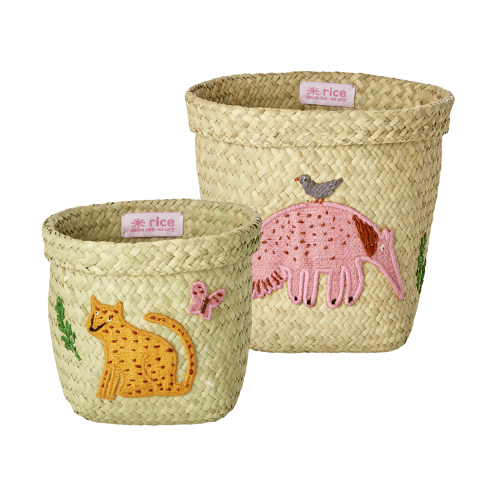 Rice raffia opbevaringskurv rund 2 dele, Animal Embroidery-Pink-Orange RICE