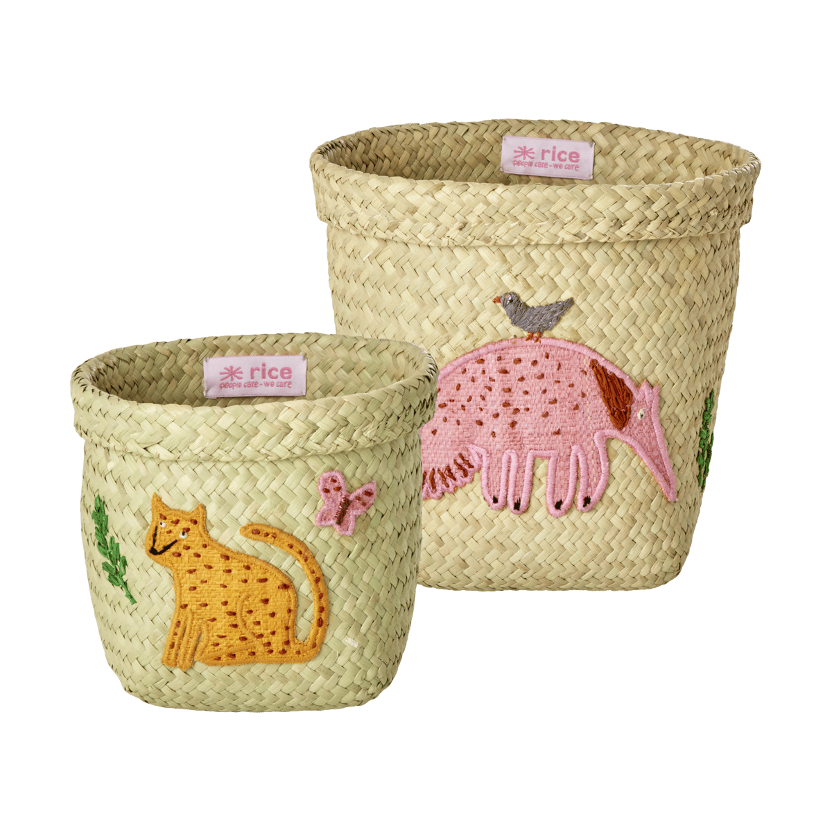 RICE Rice raffia opbevaringskurv rund 2 dele Animal Embroidery-Pink-Orange