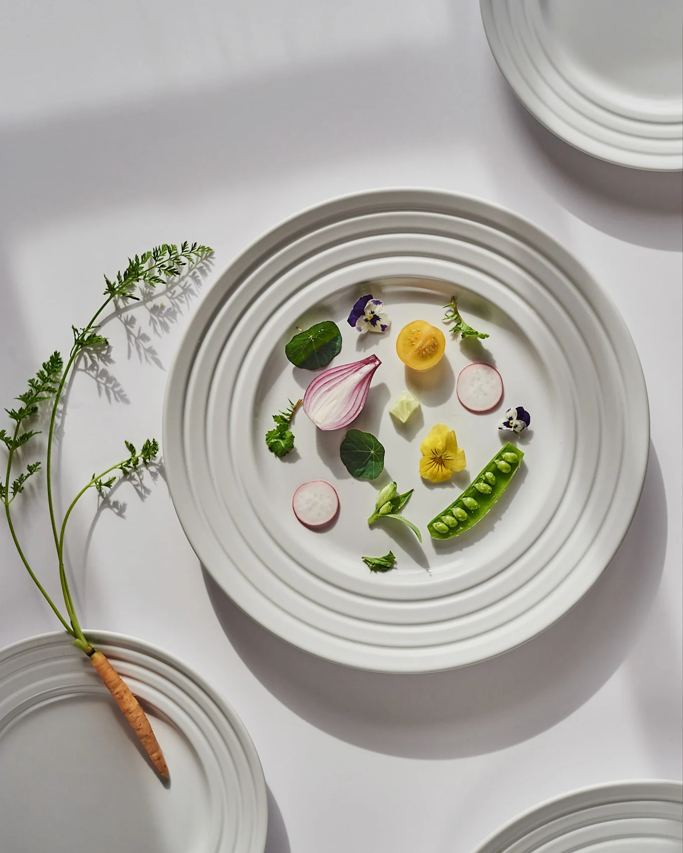 Hvid tallerken med friske grøntsager: rødløg, tomat, radiser, ærter og spiselige blomster. En gulerod med grønt ligger i nærheden.